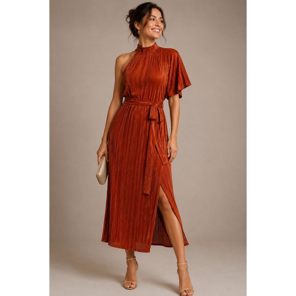 ASOS Pleated Midi Dress Women's US 8 Burnt Orange One Sleeve Belted Mock Neck